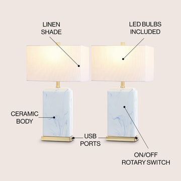 Chloe 24.5" Modern Coastal Iron/Marbled Ceramic LED Table Lamp with USB Charging Port - JONATHAN Y